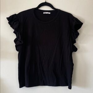 Ruffle Sleeve crew neck Tee| ZARA| Black| Large| EUC